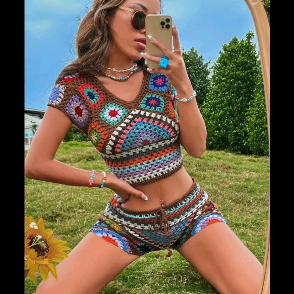 Crochet Knit Top & Knit Shorts